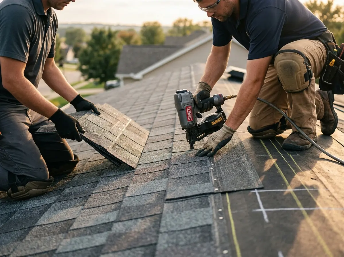 Professional roofer working on a residential roof in Commerce